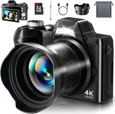 Câmera digital 4K para fotografia – Câmera vlogging de 56 MP com foco automático para YouTube/criadores de conteúdo/viagens, câmera de vídeo zoom 16X com tela flip de 7.6 cm 180° e para-sol para