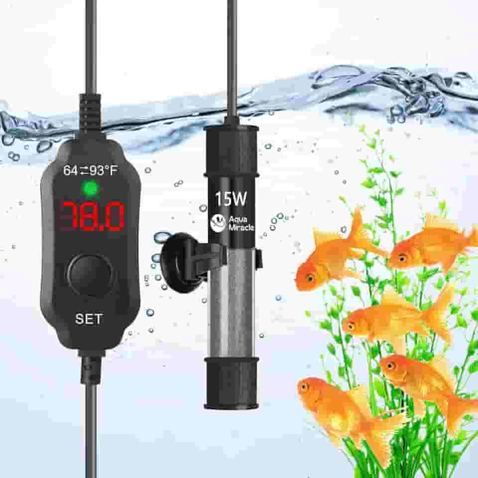 AquaMiralce Aquecedor de aquário de 15 W com tamanho compacto, aquecedor submersível de aquário com termostato digital de LED, aquecedor de peixe ajustável, aquecedor de tartaruga para tanques de 1 a