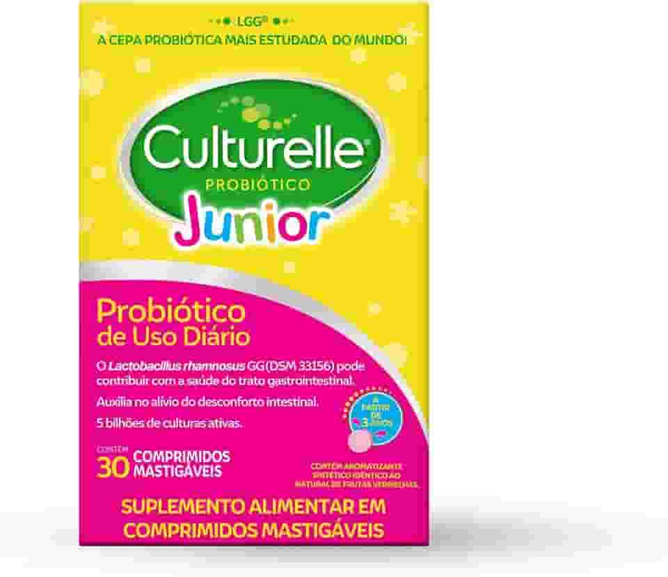 Culturelle Probiótico Júnior, Com Lactobacilos, Sem Glúten, Sem Lactose, Para Crianças a partir de 3 anos, Sabor Frutas Vermelhas, 30 Comprimidos Mastigáveis