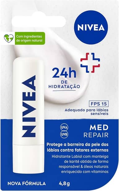 NIVEA Protetor Labial Med Repair FPS15 4,8g - Hidrata e regenera os lábios ressecados e machucados, com Vitamina E e óleos naturais, proporciona reparação intensiva e alívio imediato