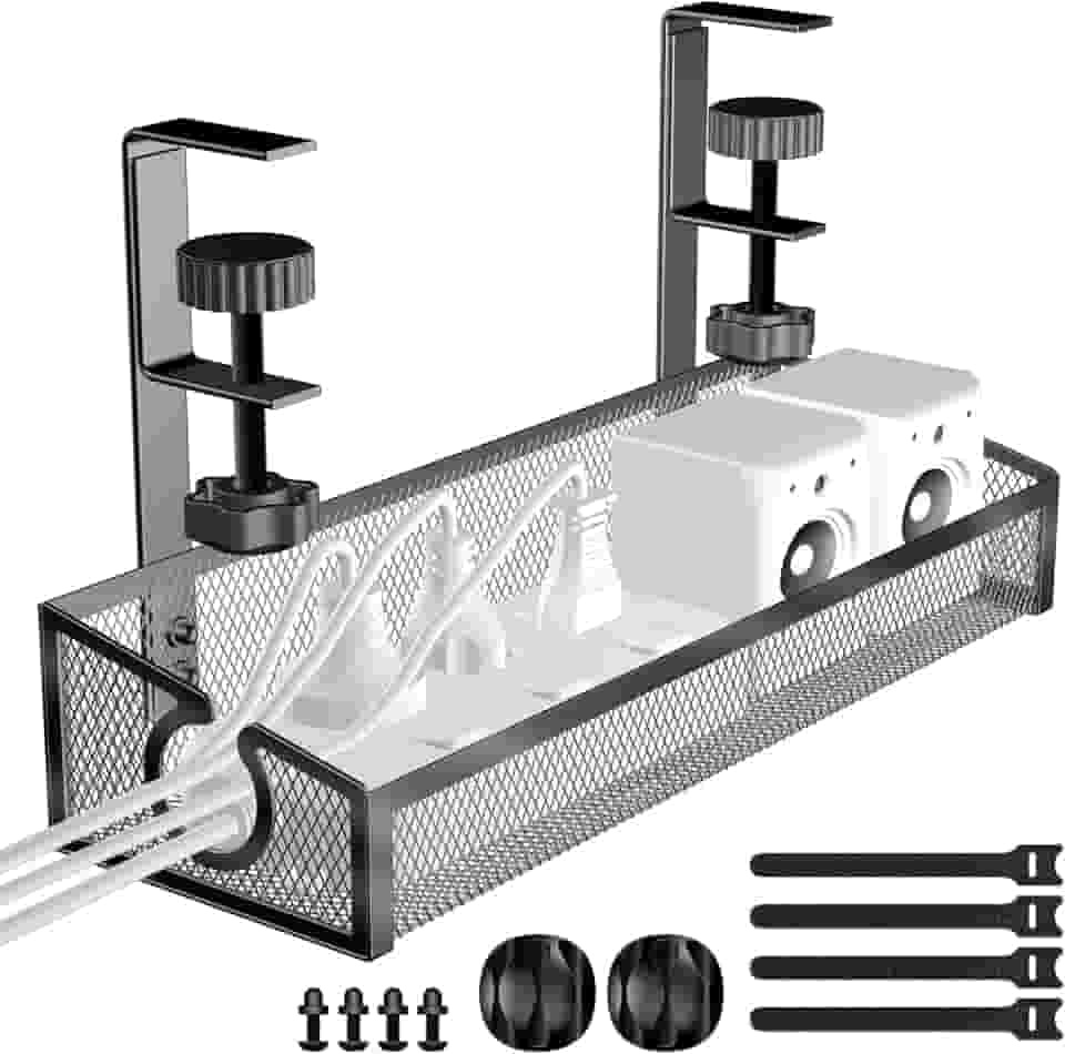Bandeja de gerenciamento de cabos embaixo da mesa preta, sem broca, organizador de cabos de mesa com braçadeira, acessórios organizadores de cabos de PC e espaço de trabalho para escritório, casa
