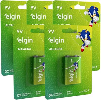 Kit c/ 5 Baterias 9V Elgin Alcalina Energy 6LR61 9V Blister 82158