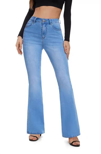 Feminino Calça Jeans Bootcut Stretch Cintura Alta Levanta Bumbum (Azul Claro, 12)