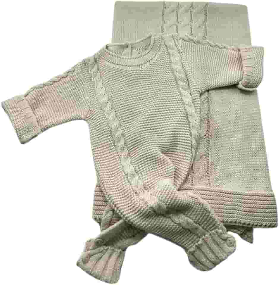 Saída Maternidade Recem Nascido Macacão e Manta Trança Tricot - Unissex,areia