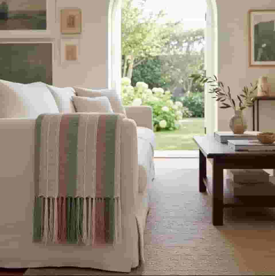 Mantas Para Sofás Poltronas e Peseira Luxo Xale Com Franjas 1,20X1,80M 100% Algodão Tear Mineiro Artesanal (Pistache Faixa)