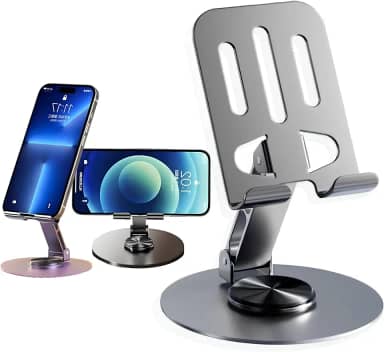 Suporte de Mesa Dobrável para Smartphones, iPhone, iPad e Tablets Alumínio Reforçado, Base Rotativa 360°, Altura Ajustável, Base Antiderrapante, Portátil e Ergonômico Linha Premium