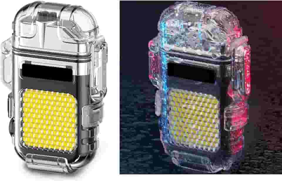 Isqueiro 3 em 1, à prova d'água, recarregável, multifuncional, arco duplo, isqueiros elétricos à prova de vento de plasma para atividades ao ar livre, acampamento, caminhada