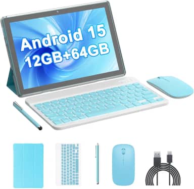 HOTTABLET Kit de tablet Android 15 de 10 polegadas com capa/caneta, 12 (4 + 8 expansões) GB de RAM + 64 GB de ROM, câmera dupla de 2 + 8 MP, bateria de 6000 mAh (tablet + estojo + caneta stylus +