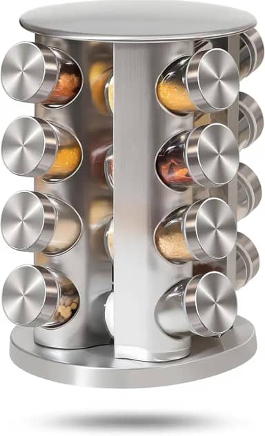 Porta Condimentos Temperos Giratório com 16 Potes de Vidro e Tampa Inox Premium – Kit Completo para Armazenar Temperos na Cozinha com Suporte Giratório Resistente e Design Funcional