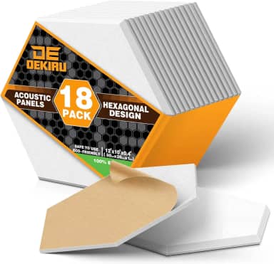 DEKIRU Pacote com 18 painéis acústicos hexagonais com absorção de som, painéis de espuma autoadesivos à prova de som, painéis de parede à prova de som de 30 x 25 x 0,4 cm, painéis de amortecimento de som para gravação de parede Home Studio (branco)