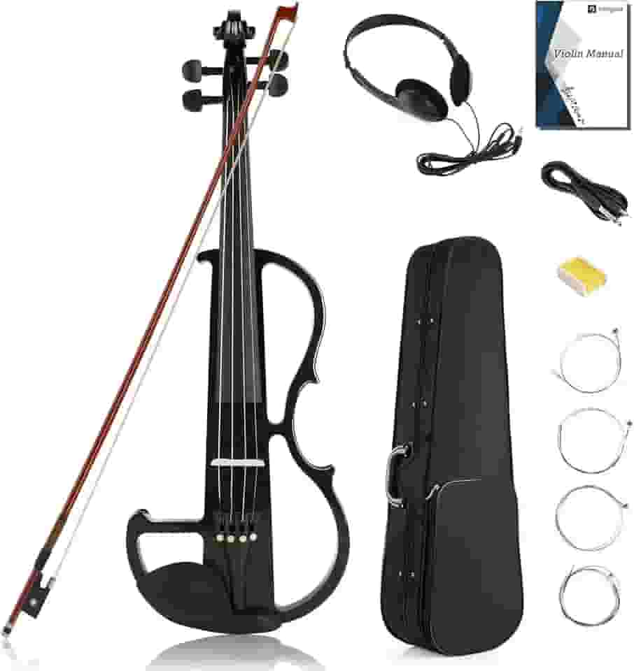 Vangoa Violino Elétrico Tamanho Grande 4/4, Violino Elétrico Silencioso Preto Silencioso, Violino Elétrico de Madeira Maciça Metálico com Acessórios de Ébano, Kit Iniciante para Adultos e Adolescentes