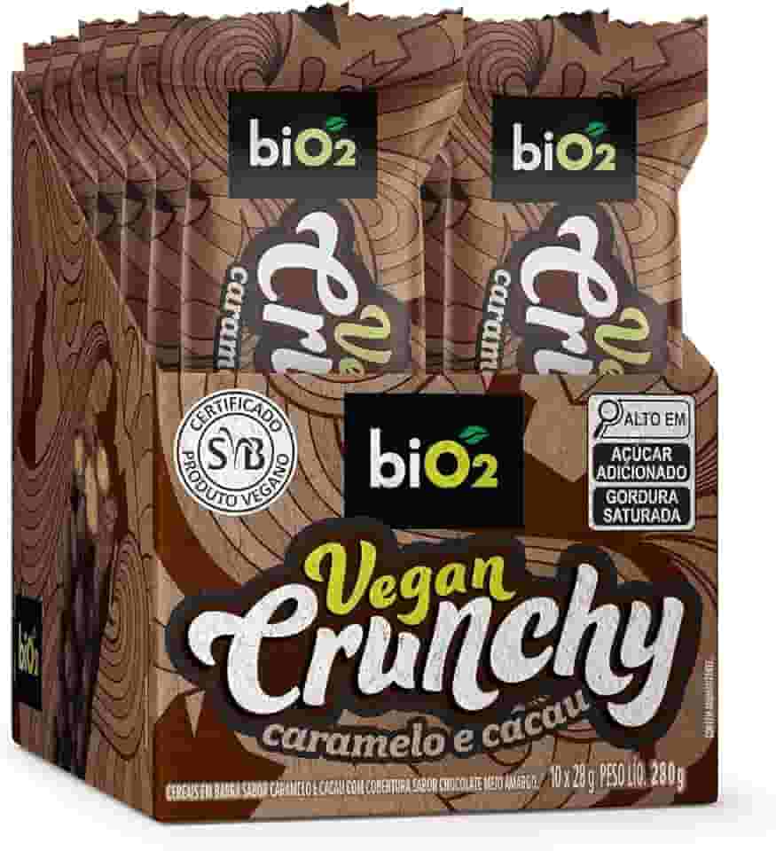 Barra de Cereal biO2 Vegan Crunchy Caramelo e Cacau, Caixa com 10 unidades de 28 g, Vegana e sem Glúten