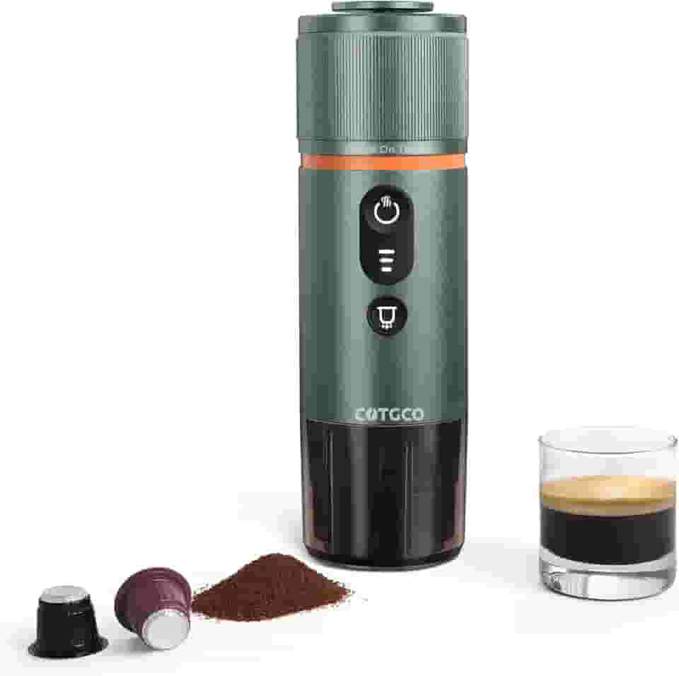 COTGCO Máquina de café expresso portátil: Máquina elétrica de expresso de viagem pequena de 12 V - autoaquecimento 8 xícaras alimentada por bateria compatível com cápsula Nespresso