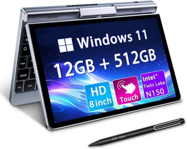 Mini laptop 20.3 cm 2 em 1, laptop Windows 11, Intel N150 (até 3,6 GHz), 12 GB RAM 512 GB SSD, tela sensível ao toque HD, teclado retroiluminado, Wi-Fi 6, USB-C, PC portátil leve para trabalho