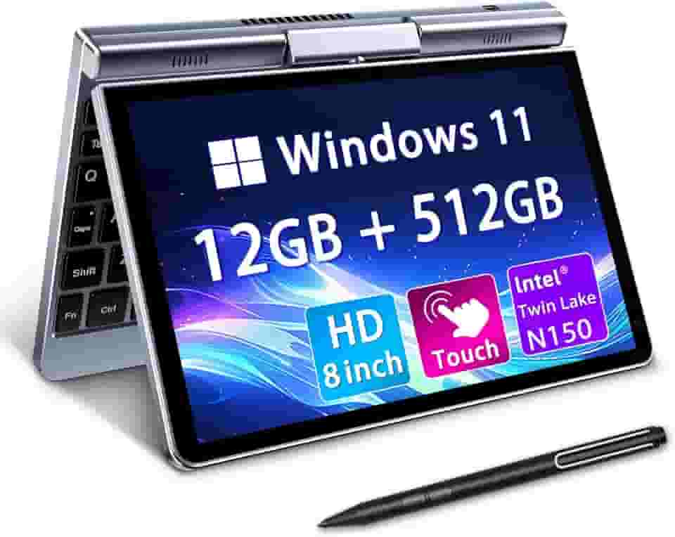 Mini laptop 20.3 cm 2 em 1, laptop Windows 11, Intel N150 (até 3,6 GHz), 12 GB RAM 512 GB SSD, tela sensível ao toque HD, teclado retroiluminado, Wi-Fi 6, USB-C, PC portátil leve para trabalho