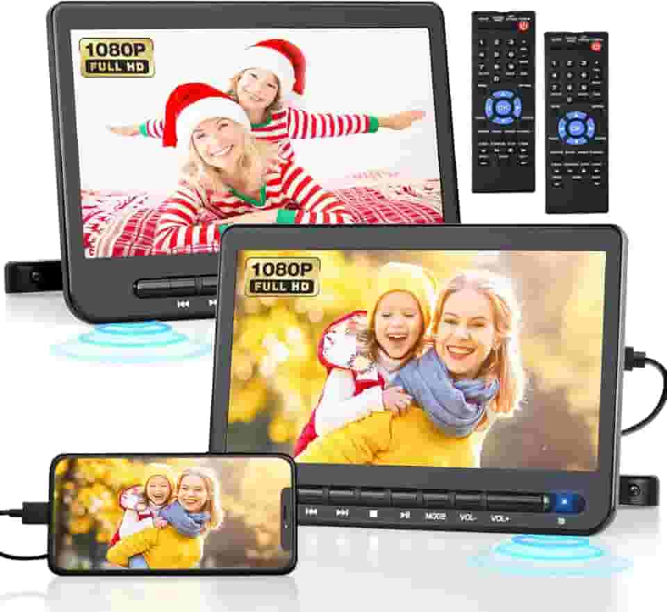 10.5" Dual Portable DVD Player for Car with 1080P HDMI Input, DESOBRY Rechargable Car DVD Player Dual Screen Play A Same or Two Different Movies, 5-Hour Battery, Support USB,AV in/Out, Last Memory