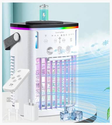 Ar condicionado alimentado por bateria 6000 mAh, pequeno ar condicionado recarregável para quarto, refrigerador de ar pessoal com névoa, temporizador, luz, mini ventilador de refrigeração portátil