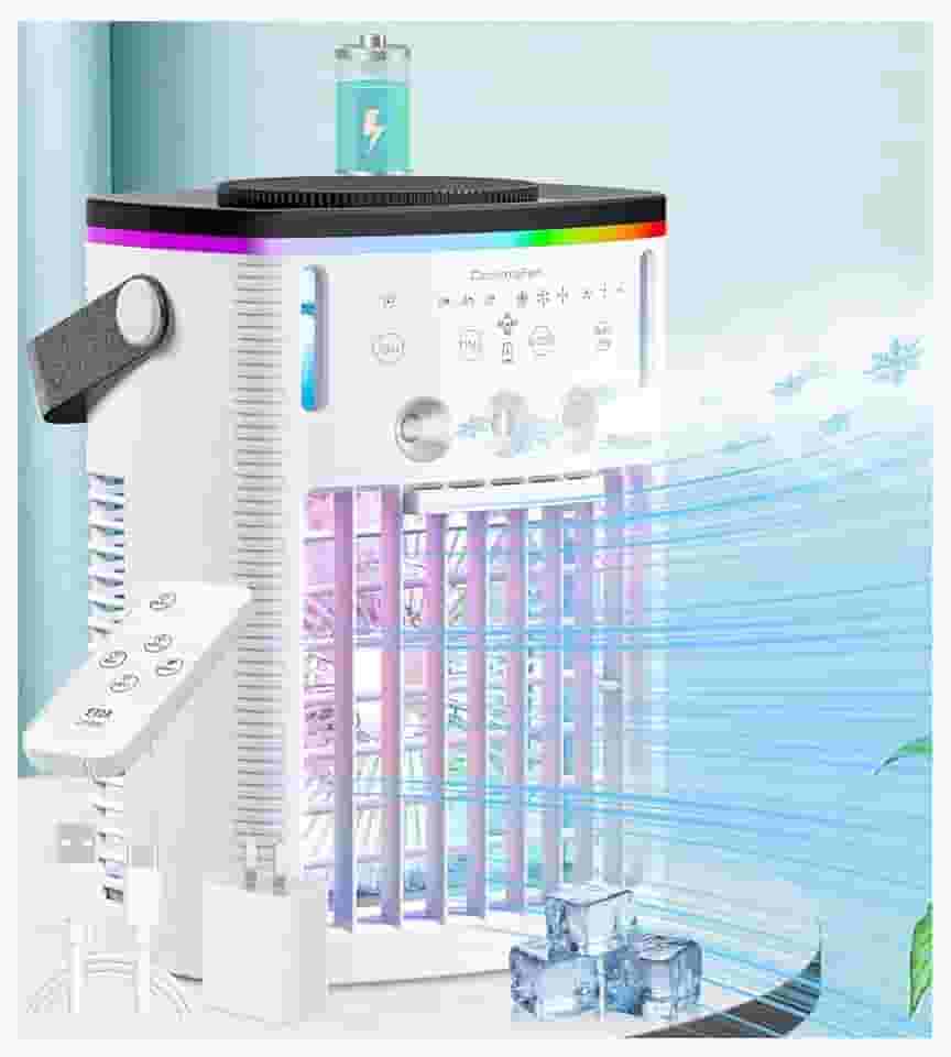 Ar condicionado alimentado por bateria 6000 mAh, pequeno ar condicionado recarregável para quarto, refrigerador de ar pessoal com névoa, temporizador, luz, mini ventilador de refrigeração portátil