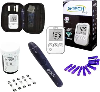 Kit Medidor de Glicose G-Tech Lite Smart Bluetooth 60 Tiras 10 Lancetas + Caneta e Estojo