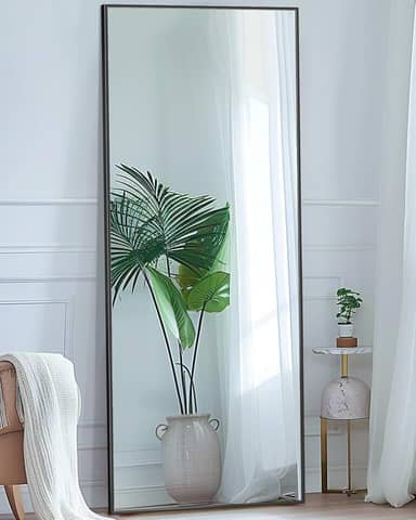 Antok Espelho de comprimento total, espelho de chão de 147 x 45 cm com suporte, espelhos suspensos montados para quarto, sala de estar, vestiário, sala de jantar, preto, retangular