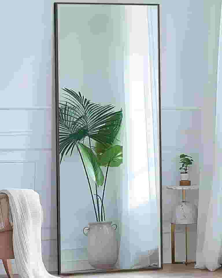 Antok Espelho de comprimento total, espelho de chão de 147 x 45 cm com suporte, espelhos suspensos montados para quarto, sala de estar, vestiário, sala de jantar, preto, retangular