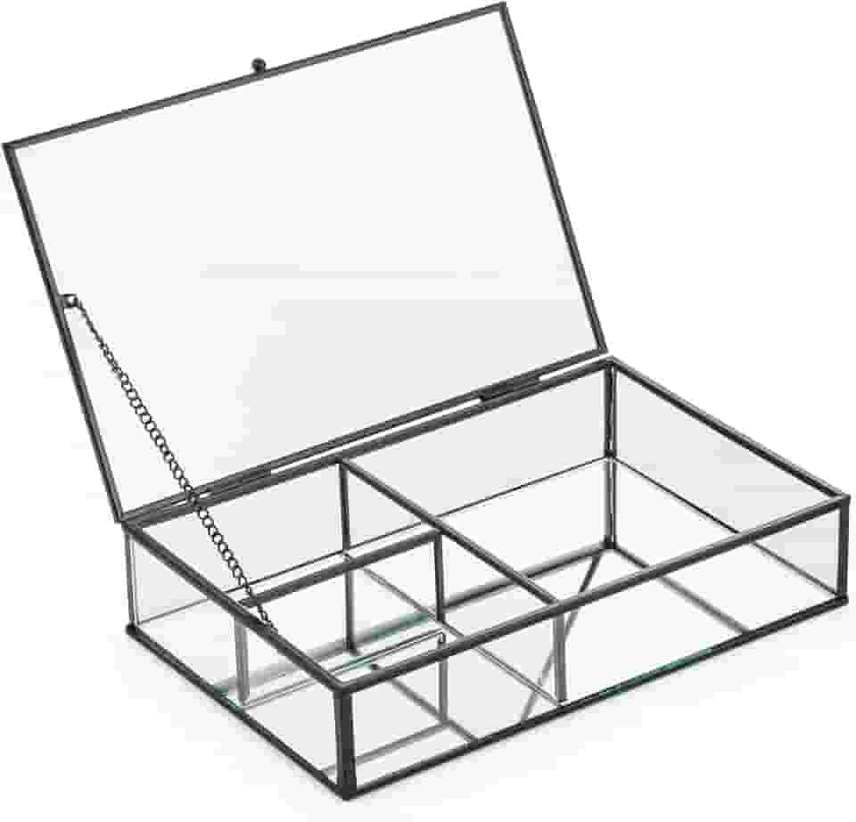 Oikos - Porta-Objetos de Vidro e Metal Preto 25cm com Tampa 3 Divisórias com Fundo Espelhado