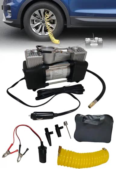 Compressor de Ar Automotivo 12V, 2 Cilindros, 85 L/min, 150 PSI, com Manômetro, Cabo de Bateria, Mangueira Espiral Amarela e Bolsa de Transporte