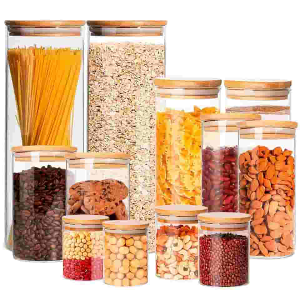 Kit 12 Potes Herméticos de Vidro com Tampa de Bambu | Inclui Etiquetas e Caneta branca | Capacidades 200ml, 250ml, 400ml, 600ml, 800ml, 2000ml | Organização e Estilo para sua Cozinha