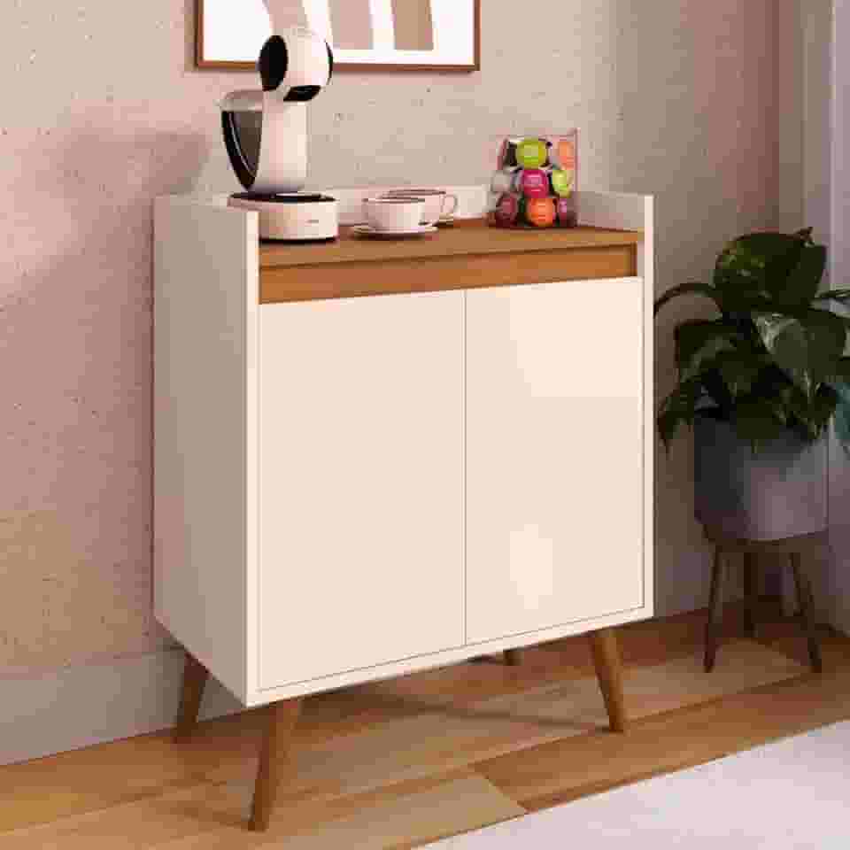 Armário Aparador Cantinho Do Café 2 Portas Com Prateleira Retrô (Off White/Freijó)