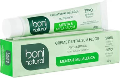 Creme Dental com óleos naturais de Menta e Melaleuca Vegano e Natural, Sem Flúor, Sem Triclosan, Boni Natural, Branco