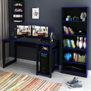 Kit Gamer Mesa para Computador com Estante Multiuso Preto Azul TecnoMobili
