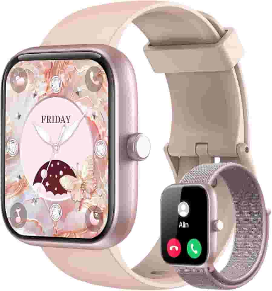 Smartwatch Feminino, Tela HD de 1,83' Relógio Fitness com Alexa, 120 Esportes, Frequência Cardíaca e Monitoramento do Sono, IP68 à rova d'água, Compatível com Android iOS, 2 Pulseiras (Rosa)