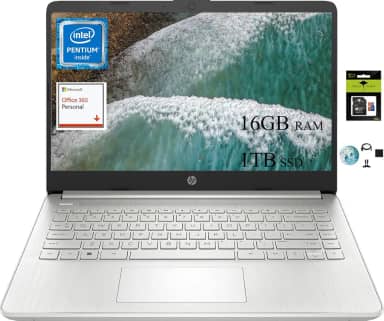 Computador portátil HP 14 HD para estudantes e empresas, processador Intel Pentium N5030 quad-core, 16 GB de RAM, SSD de 1 TB, HDMI, Windows 11 S com acessórios GM, prata natural