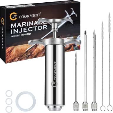 JY COOKMENT Seringa injetora de carne – injetor de sabor com 3 agulhas profissionais de aço inoxidável; 2 peças de escova de limpeza para defumador de churrasco, 59 ml de barril de grande capacidade