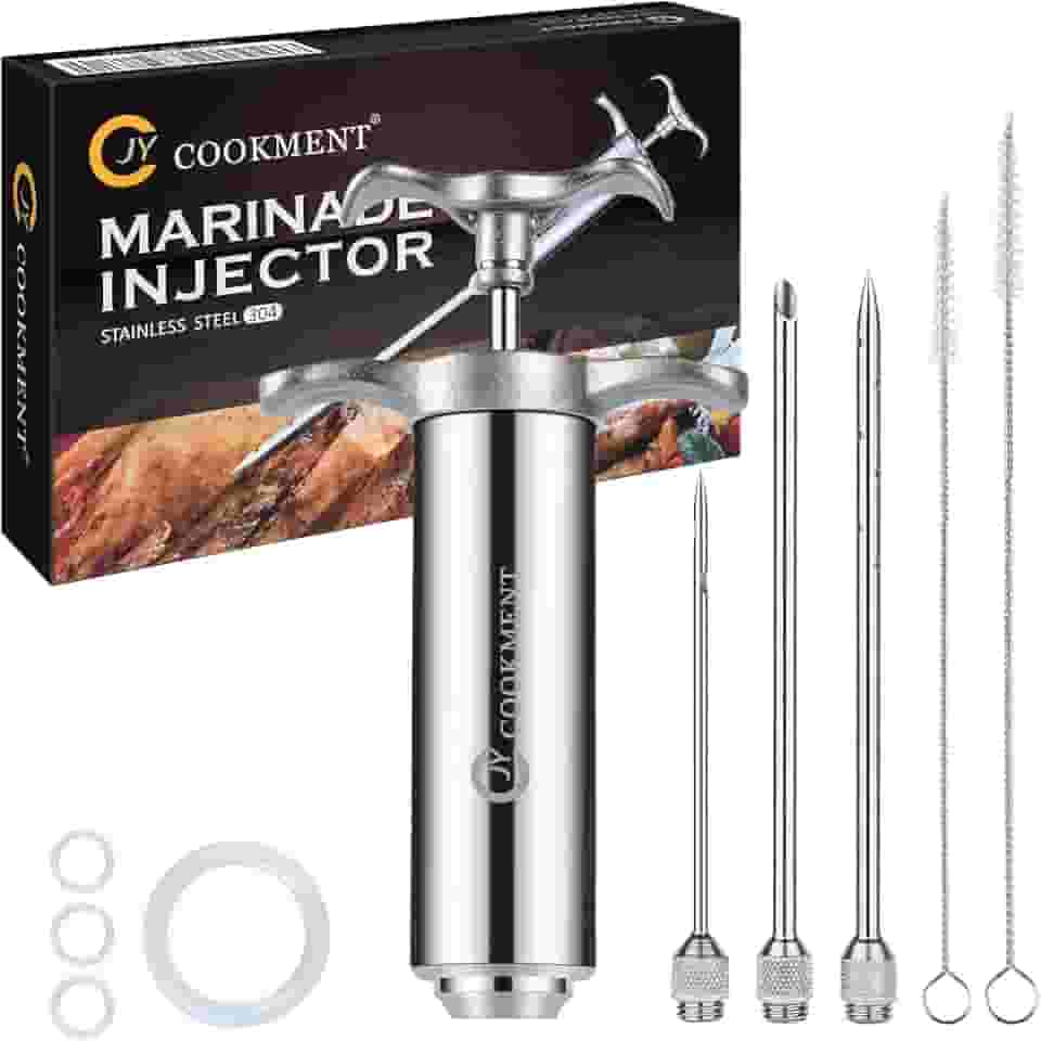 JY COOKMENT Seringa injetora de carne – injetor de sabor com 3 agulhas profissionais de aço inoxidável; 2 peças de escova de limpeza para defumador de churrasco, 59 ml de barril de grande capacidade