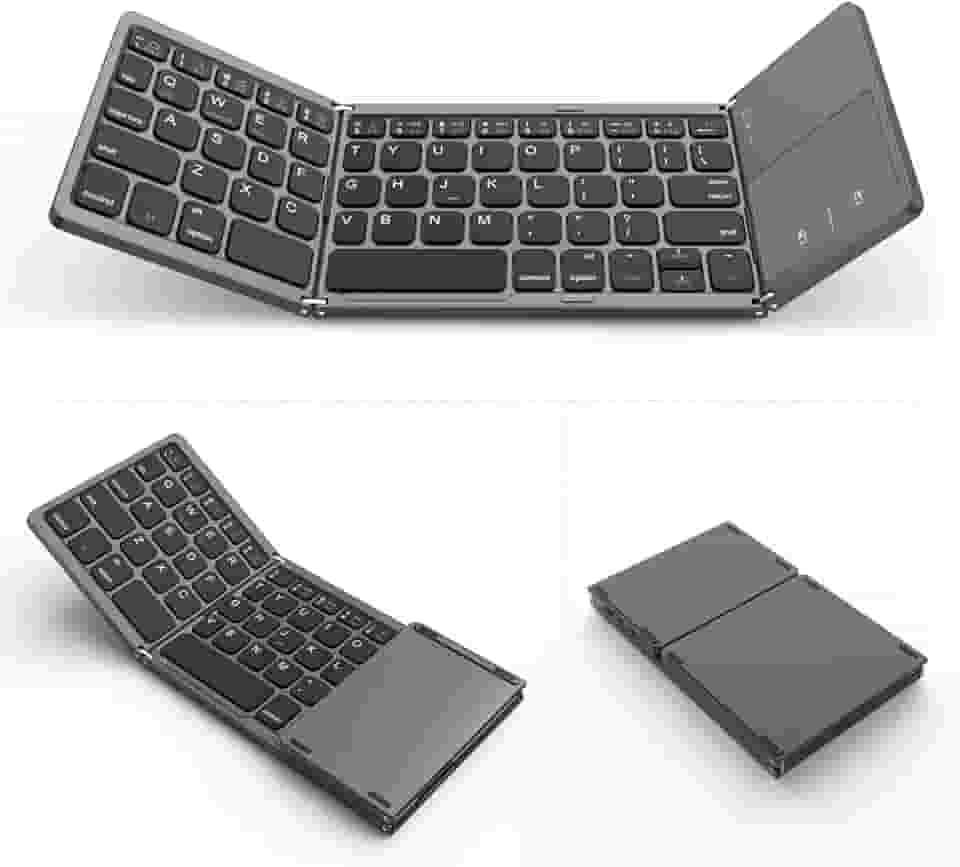 VssoPlor Teclado Bluetooth dobrável com touchpad, dois modos USB com fio, dobrável, sem fio, mini teclado portátil de viagem para tablet Android, Windows - cinza escuro