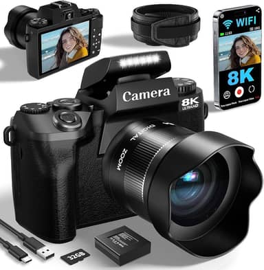 Câmeras digitais 8K para fotografia, câmera vlogging WiFi 64MP para YouTube, câmera profissional com tela sensível ao toque de 4 polegadas com lente dupla, foco automático, zoom digital de 16x