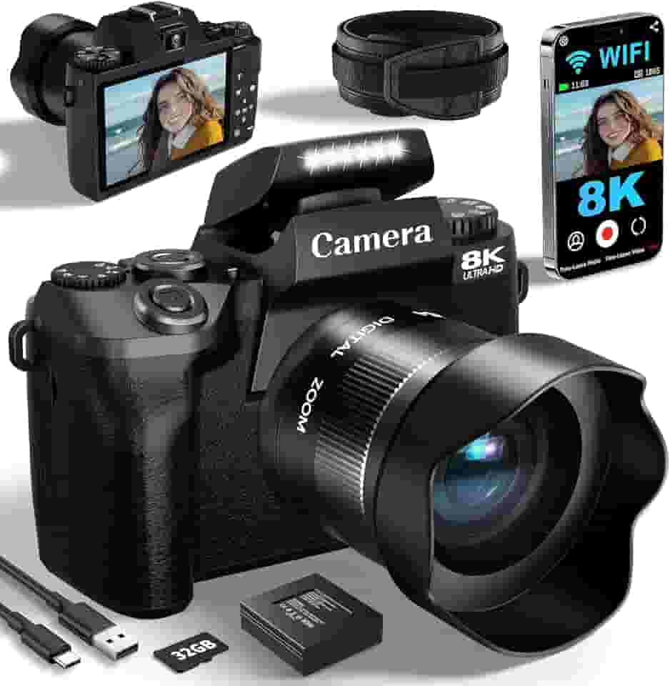 Câmeras digitais 8K para fotografia, câmera vlogging WiFi 64MP para YouTube, câmera profissional com tela sensível ao toque de 4 polegadas com lente dupla, foco automático, zoom digital de 16x