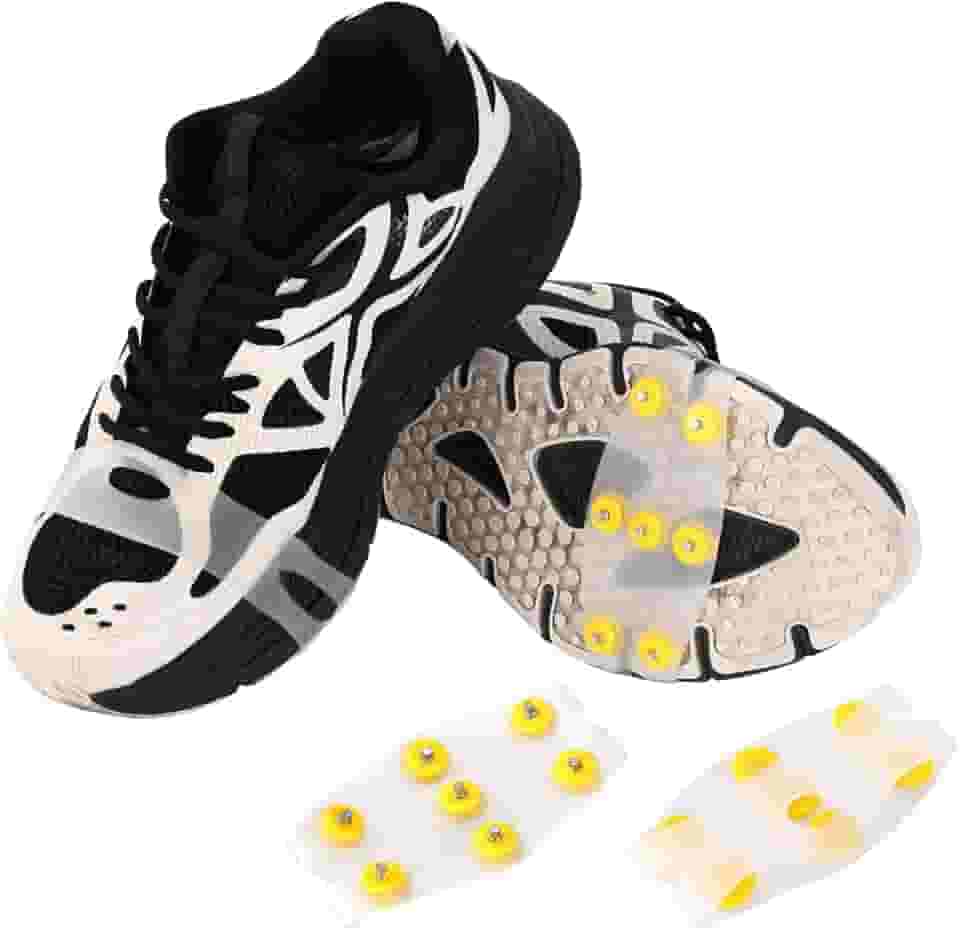 2 Conjunto de Grampões Gelo para Sapatos e Botas, Crampons Antiderrapantes com 7 Pontas de Aço Aderência para Caminhadas na Neve Escalada Corrida e Pesca no Gelo (Branco, Amarelo)