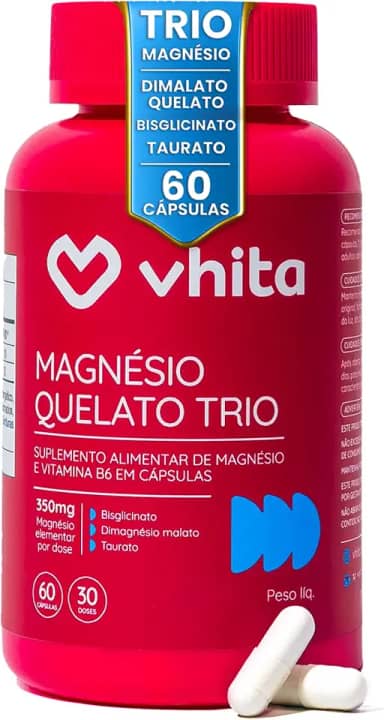 Magnésio Quelato Trio, Dimalato, Bisglicinato e Taurato com Vitamina B6 350mg Vhita 60 Cápsulas