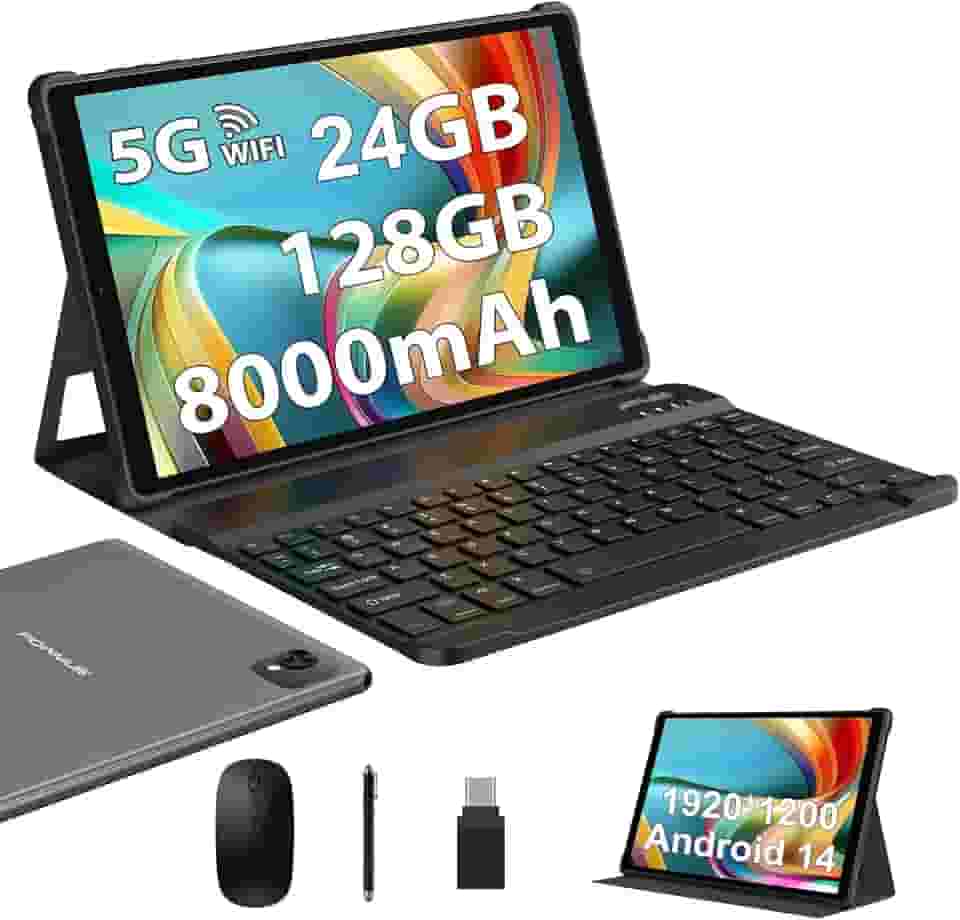 POWMUS Tablets Android 14 mais recentes de 2025, tablet de 10 polegadas com 24 GB de RAM, 128 GB de ROM, expansão de 1 TB, bateria de 8000 mAh, tela LCD FHD, suporte 5G WiFi/BT5.0/GPS, tablet Android