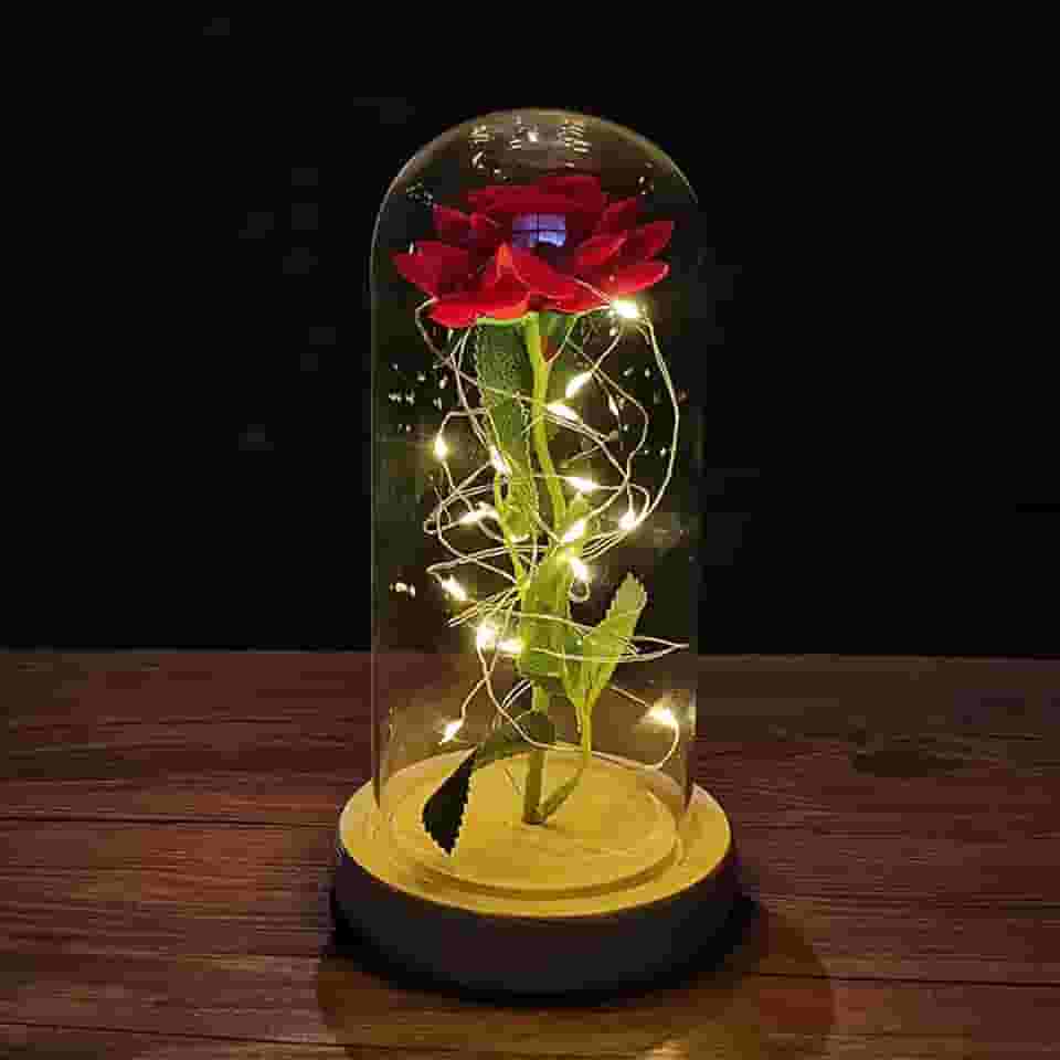 ZWMBYN Presentes de Dia dos Namorados Rosa A Bela e a Fera para ela, Acenda para sempre Galaxy Rose em cúpula de vidro, flor artificial rosa de vidro presente para mulheres no aniversário,