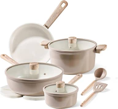 CAROTE Conjunto De 18 Peças De Panelas E Frigideiras De Cerâmica Antiaderentes, Conjunto De Utensílios De Cozinha Saudáveis, Sem Pfas/Pfoa, Conjunto De Cozinha Com Frigideiras, Cinza-Claro
