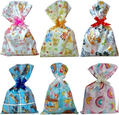 Kit 10 Sacos de Presente 25x37 cm, 10 Laços Fácil, 10 Etiquetas Adesivas para Presente (Infantil Sortidos)