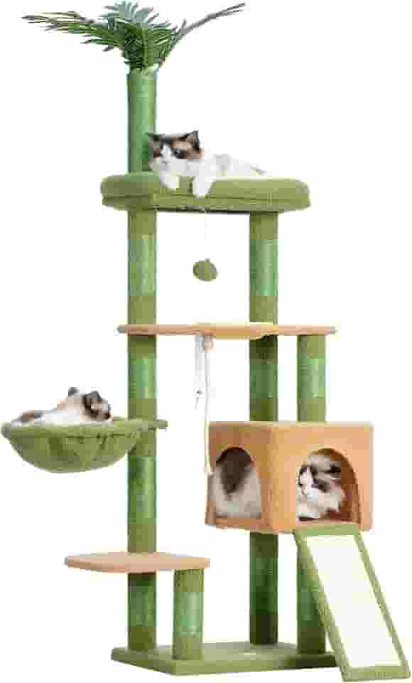 Heybly Árvore para gatos, torre para gatos de 166 cm para ambientes internos, condomínio com folhas, cesta, folha, tigela de alimentação, móveis modernos de pelúcia de vários níveis, arranhadores,