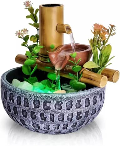 Fonte Decorativa de Água - Cromoterapia e Cascata em Bambu e Resina para Mesa