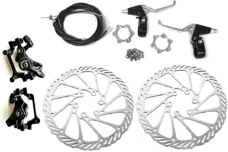 Kit de freio de disco frontal e traseiro BlueSunshine – pinças de liga de alumínio, 2 peças de aço inoxidável G3 160 mm rotores e cabo e alavanca de freio e 12 parafusos, cubos roscados de roda livre distância de 48 mm