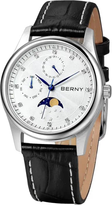 Relógio de pulso New Berny Moon Phase Diamond Dial Safira de quartzo casual à prova d'água para homens e mulheres, White1