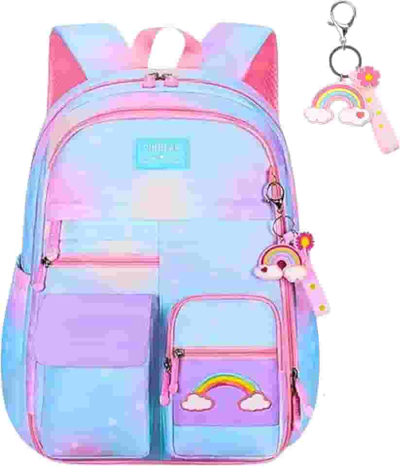 Mochila Escolar Infantil Kawaii Meninas Ensino Fundamental com Compartimentos Femininas Casuais Arco-íris Daypack