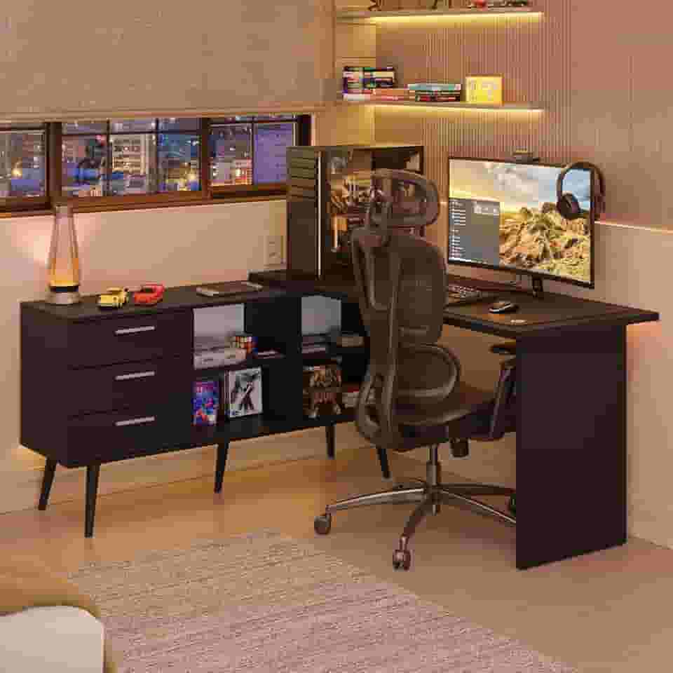 Escrivaninha Em L Mesa Para Computador Gamer 3 Gavetas Preto Lisboa Madesa